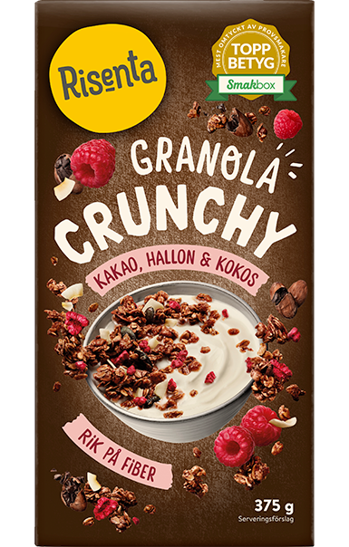 Bild på förpackning med Risenta Granola Kakao Hallon Kokos 